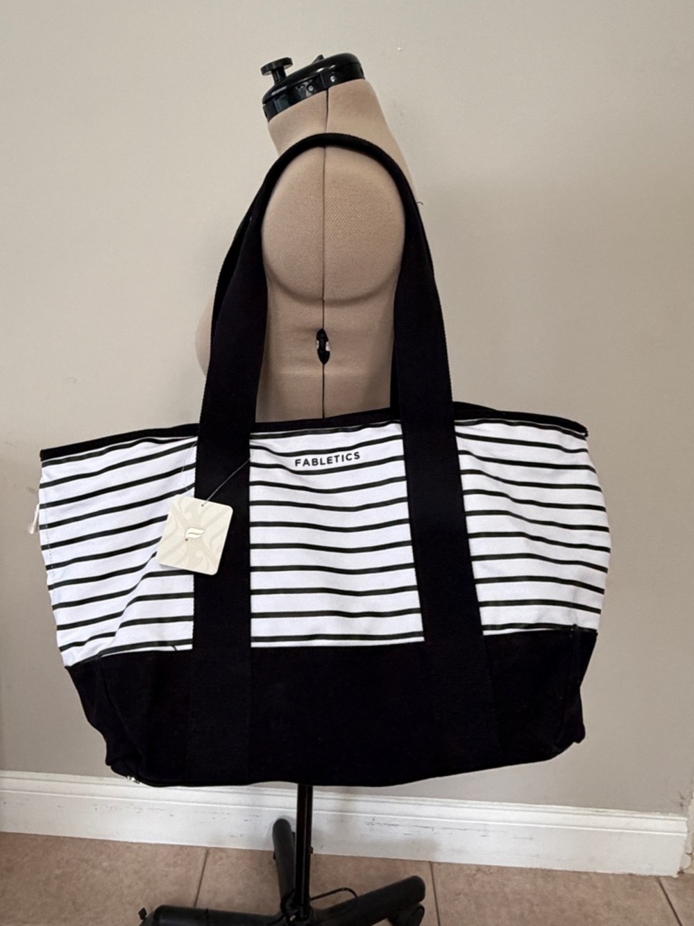 Fabletics Black & White Striped Canvas Tote